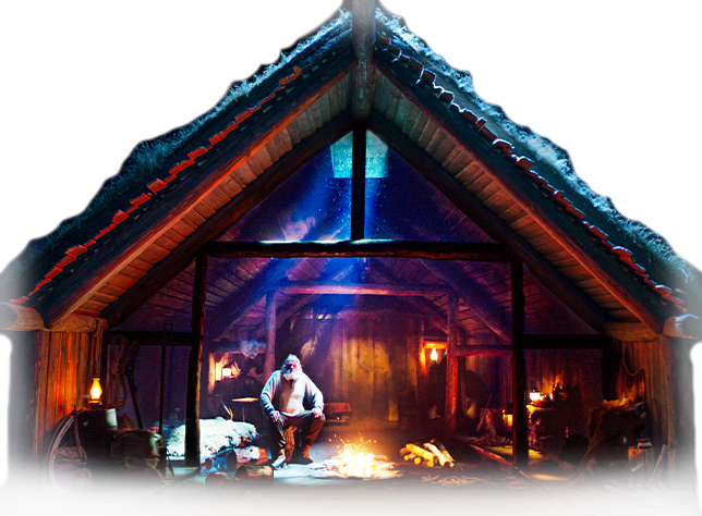 Illustration of an Icelandic storyteller sitting by a fire inside the Longhouse
