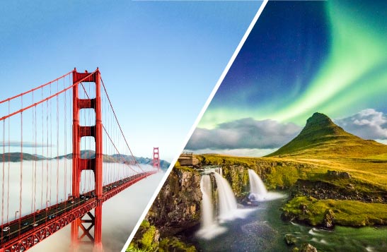 A split image of the Golden Gate Bridge and Icelandic aurora.