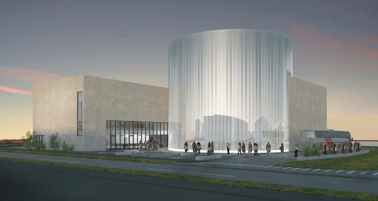 An architectural rendering of the FlyOver Iceland building