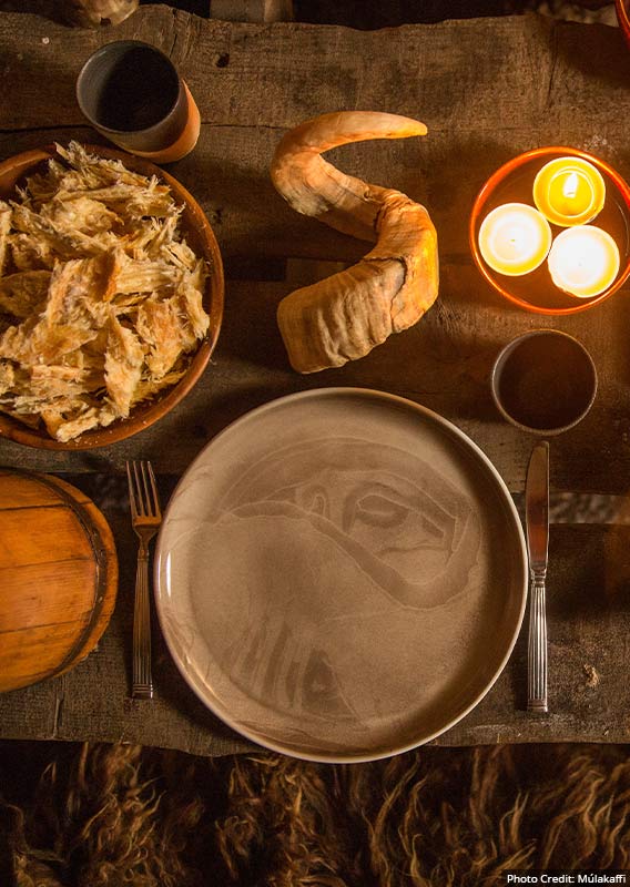 A table of traditional Icelandic food set up.